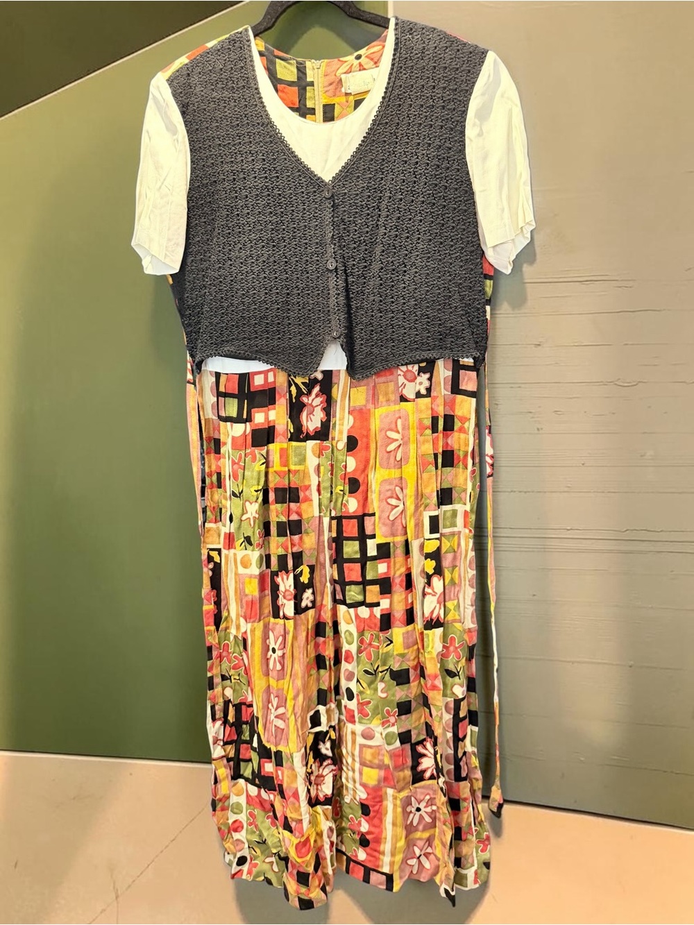 Vintage 80s Allison-Che Mod Colorblock Pleated Maxi Dress Size 18 Patchwork